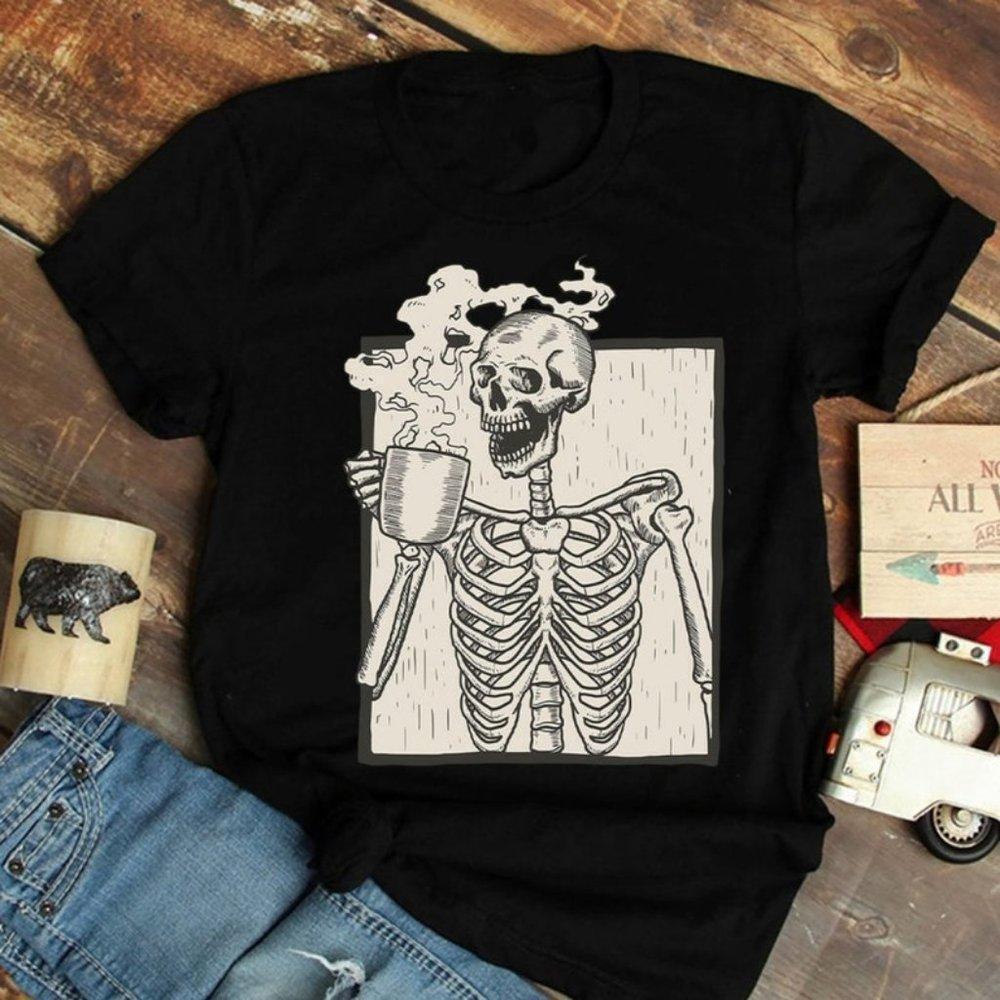 Halloween Coffee Drinking Skeleton Shirt